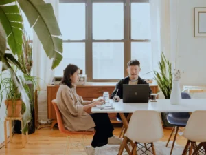 two office workers in a clean office space with indoor plants