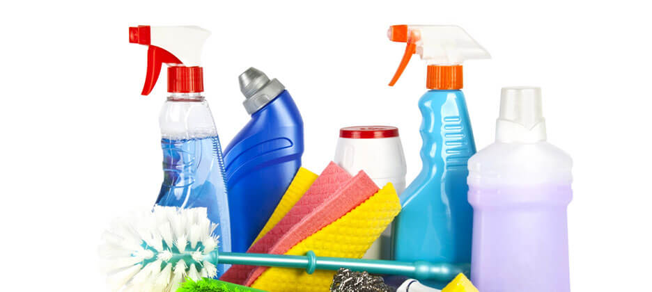 disinfectant sprays, brushes, rags, and other cleaning tools